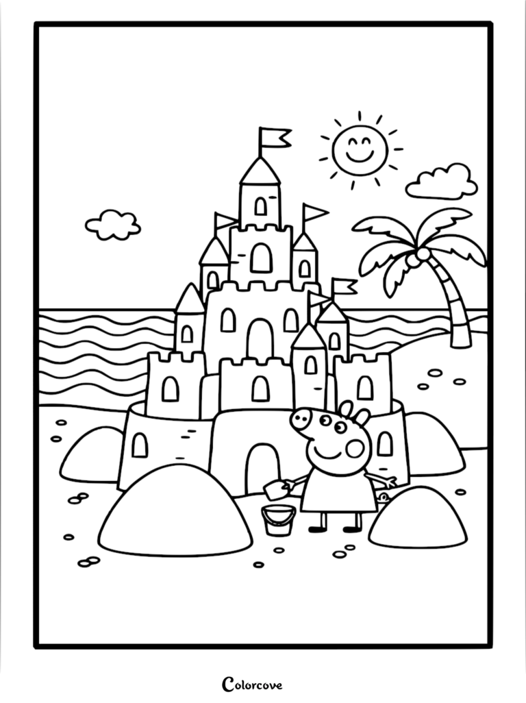 A detailed Peppa Pig coloring page featuring Peppa standing next to a massive multi-tiered sandcastle on a beach with a palm tree, ocean waves, and a smiling sun.