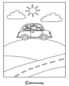 A Peppa Pig coloring page featuring the whole family riding in their car on a sunny day drive.