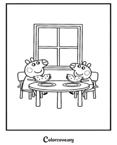 Peppa Pig and George Pig sitting at a dining table eating watermelon slices for a fun kids coloring page