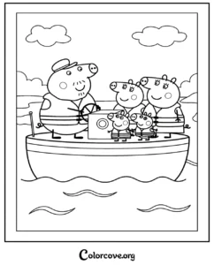 Peppa Pig, George, Mummy Pig, and Daddy Pig enjoying a fun boat trip together in this printable coloring page for kids.