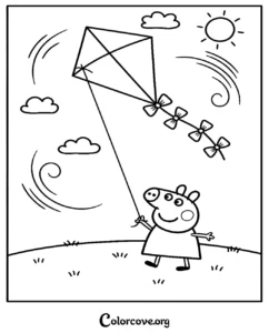 Peppa Pig flying a kite on a windy day coloring page for preschool children to print and color