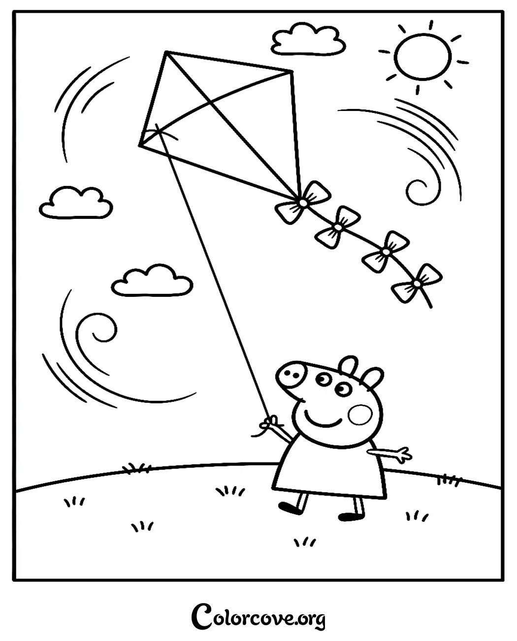 Bring fun to a windy day with this adorable Peppa Pig coloring page. Download and print this free activity sheet instantly for your little one to enjoy.