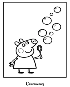 Peppa Pig blowing bubbles with a wand in a fun activity coloring page for preschoolers to print and color.