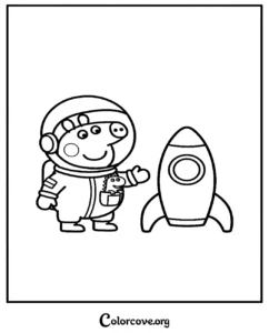 A fun astronaut Peppa Pig coloring page featuring George's dinosaur toy, perfect for kids who love space themes.