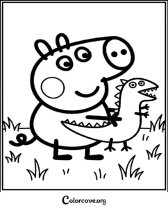 A printable coloring page featuring George Pig holding his favorite green dinosaur toy, perfect for toddlers and preschoolers.