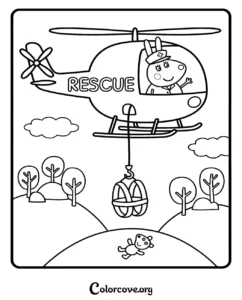 Miss Rabbit from Peppa Pig flying a rescue helicopter to pick up Teddy, a fun printable coloring page for kids.
