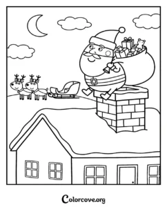A festive Peppa Pig Santa Claus coloring page featuring Father Christmas on a snowy rooftop with reindeer and a sack of presents.