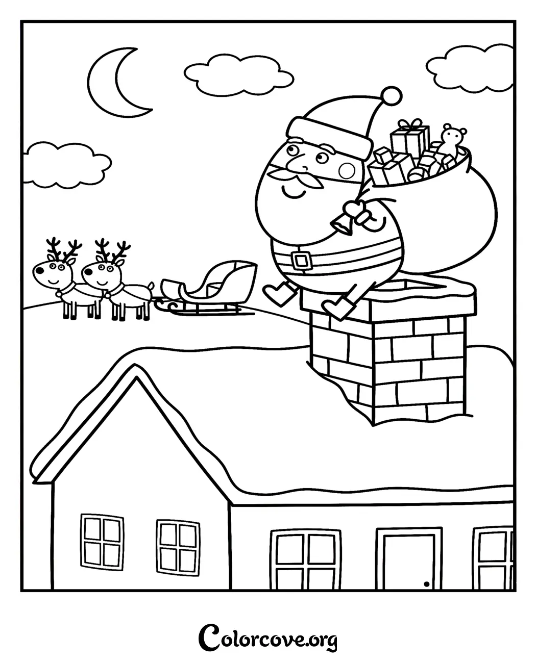 Celebrate the holidays with this free Peppa Pig Santa Claus coloring page. Print this festive scene in seconds and let your kids enjoy coloring their favorite characters this Christmas.