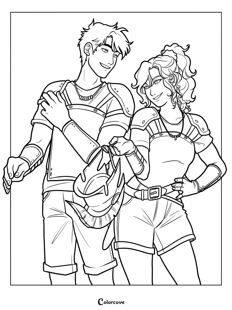 Printable coloring page of Annabeth and Percy standing together in armor holding a winged helmet