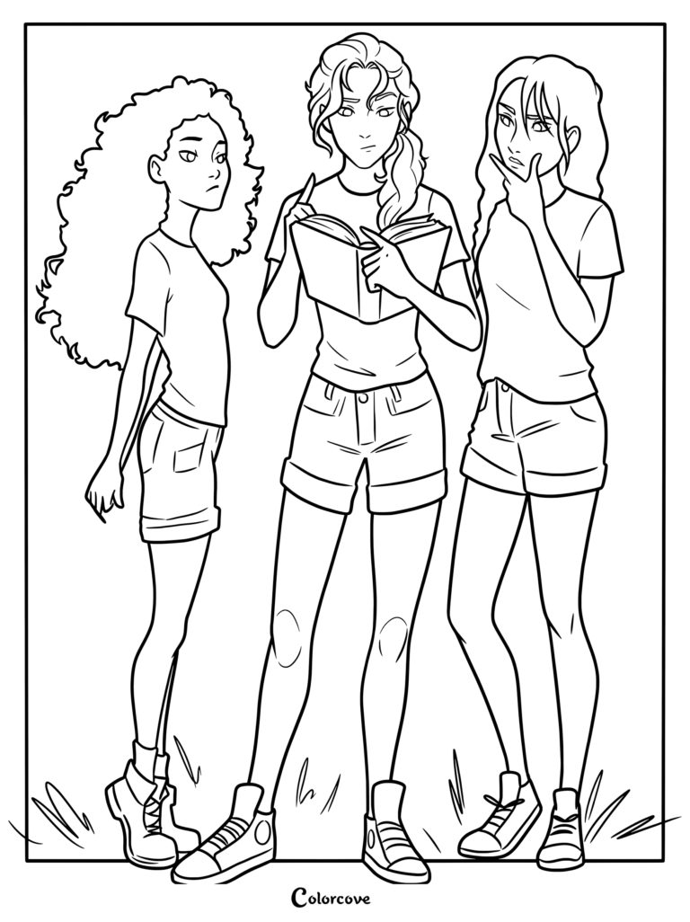 Hazel, Annie, and Pip from Percy Jackson in a coloring page
