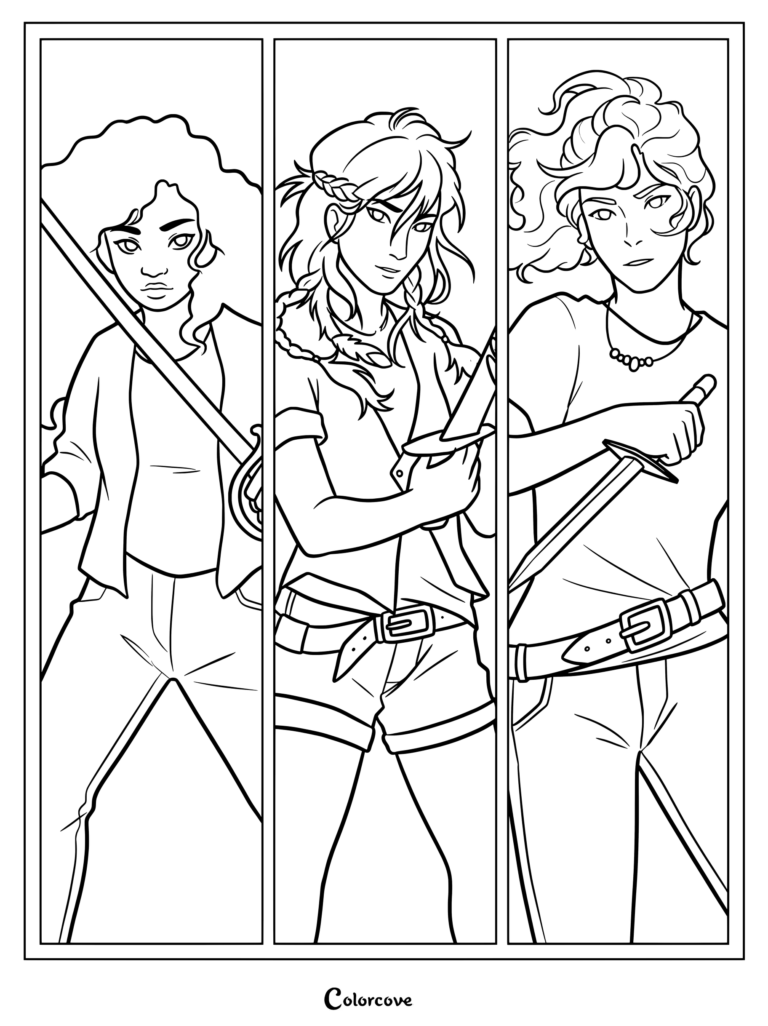 Hazel Levesque, Piper McLean, Annabeth Chase coloring page featuring heroic female demigods ready for battle