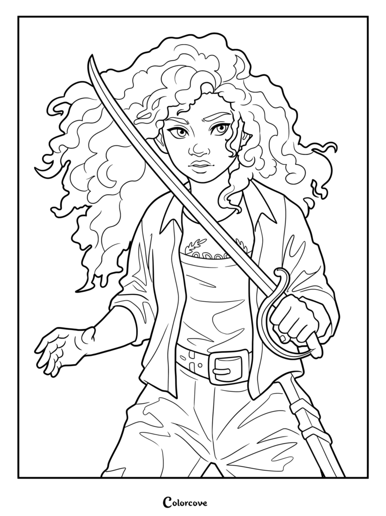 Hazel Levesque holding a sword in a dynamic pose for a coloring page
