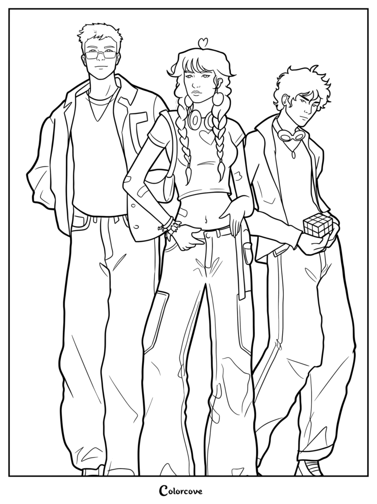Jason, Piper, and Leo The lost trio coloring page featuring the characters standing together