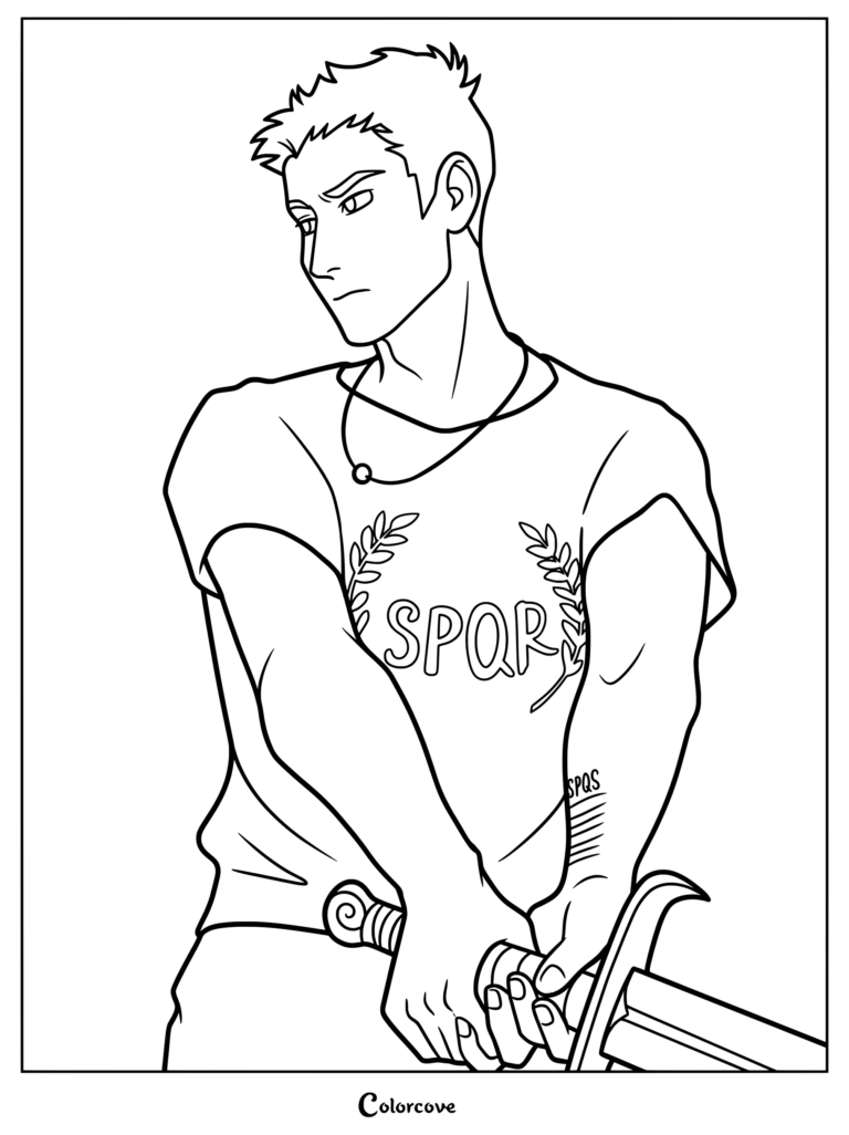 Jason Grace holding a sword and wearing an SPQR shirt coloring page