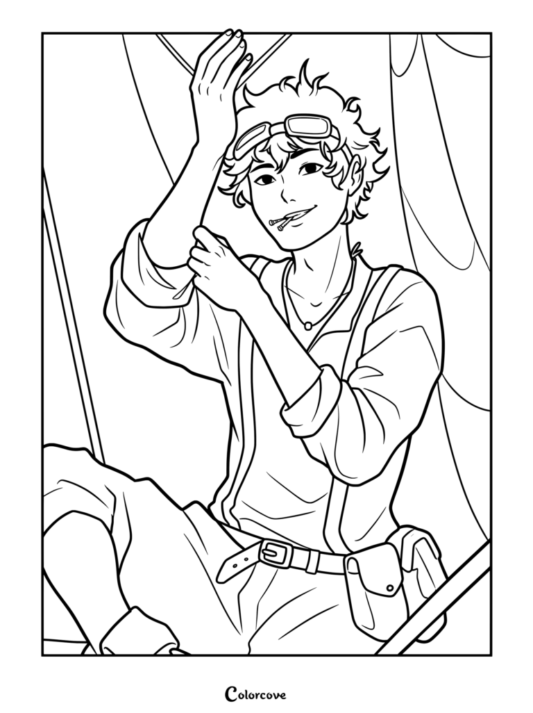 Leo Valdez coloring page featuring the demigod with curly hair, goggles, and tool belt rolling up his sleeves.