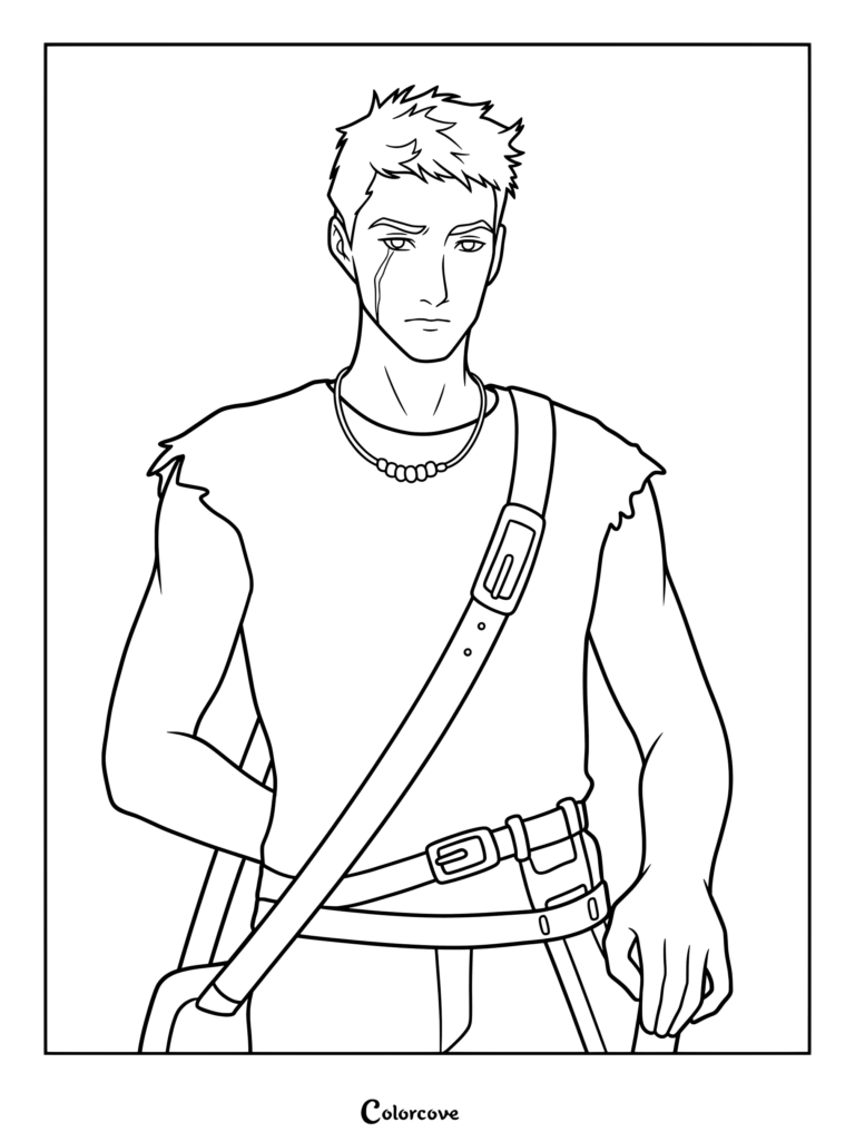 Luke Castellan from Percy Jackson wearing camp beads and a shoulder strap in a line art coloring page