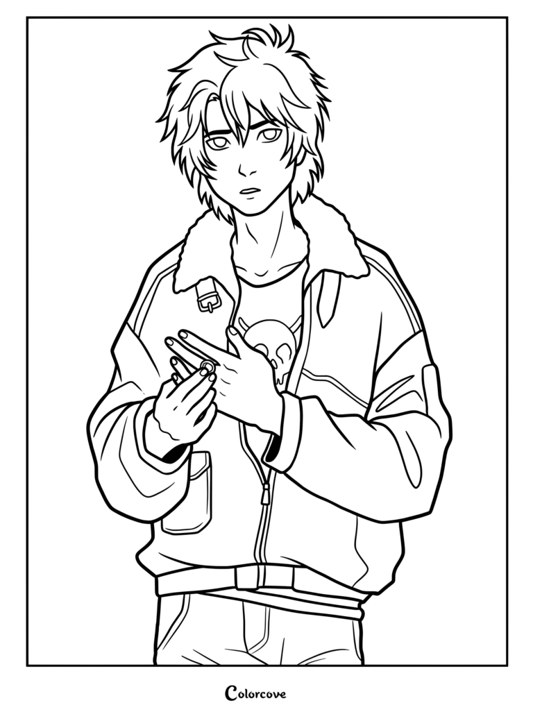 Printable Nico di Angelo coloring page featuring the Percy Jackson character wearing a bomber jacket with a skull t-shirt and playing with a ring.