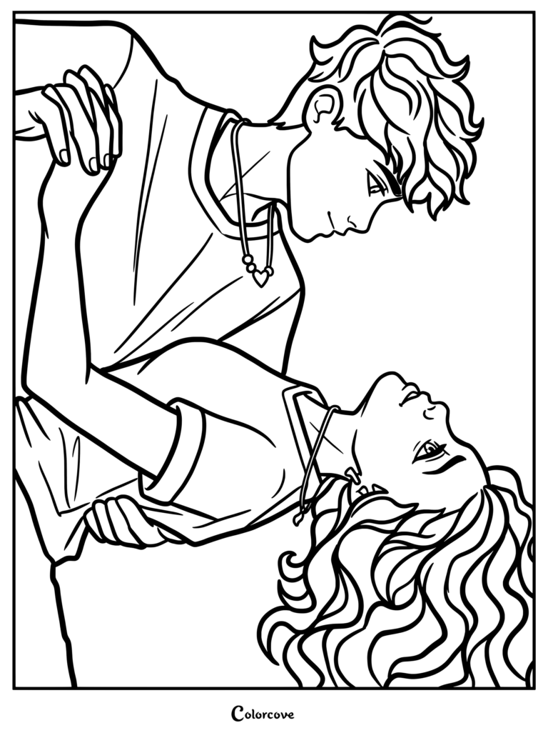 Percy Jackson and Annabeth Chase dancing together in a romantic pose coloring page