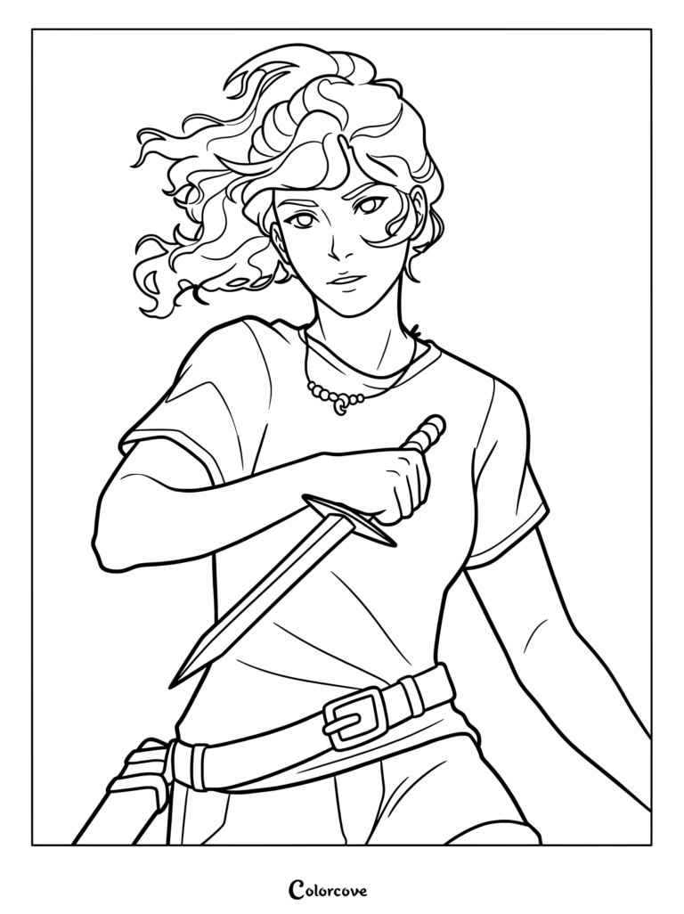 Annabeth Chase holding her bronze dagger in this printable coloring page