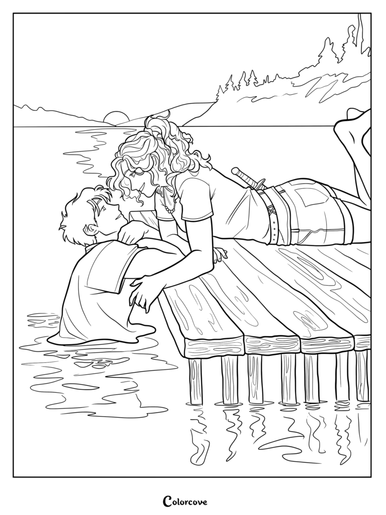 Percy Jackson in the water and Annabeth Chase on the wooden dock coloring page