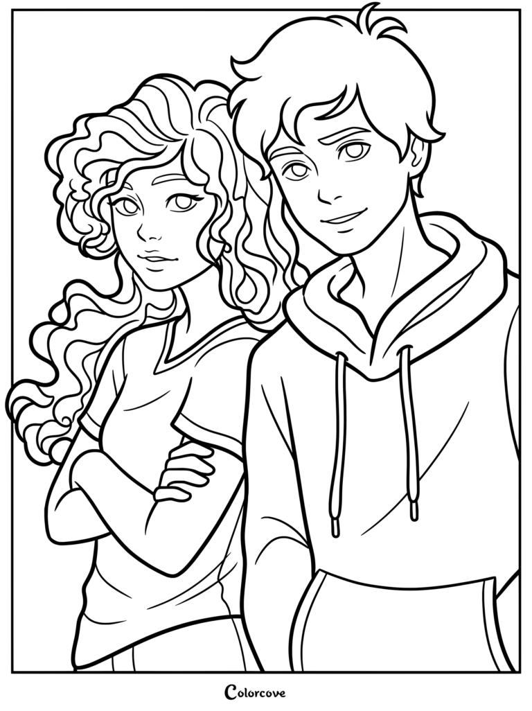 Percy Jackson and Annabeth Chase standing side by side in a printable line art coloring page