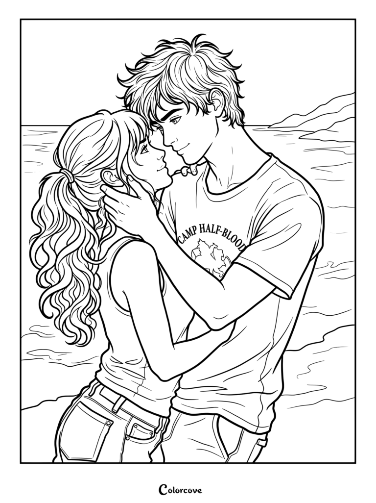 Percy Jackson and Annabeth Chase sharing a tender moment by the beach coloring page