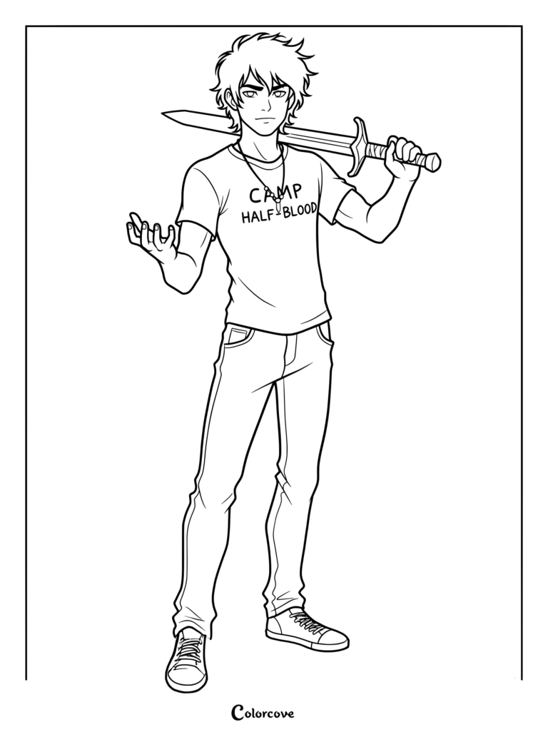 Percy Jackson coloring page showing him wearing an iconic Camp Half-Blood t-shirt and holding his sword, Anaklusmos
