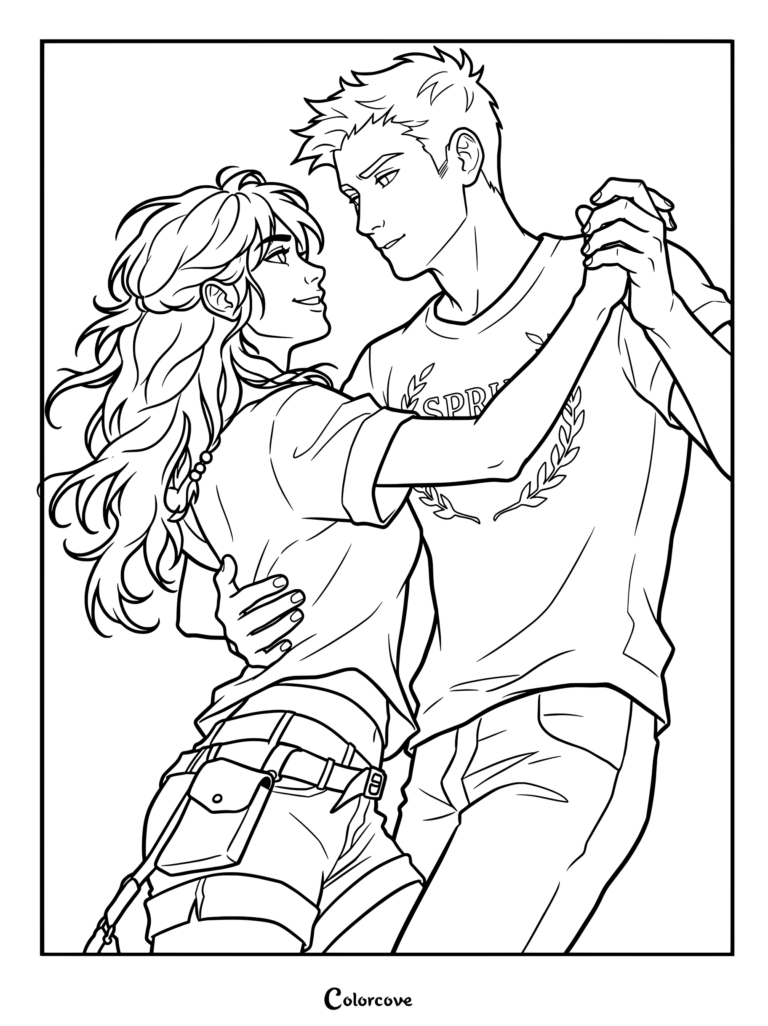 Piper McLean and Jason Grace from the Heroes of Olympus series dancing together in a printable line art coloring page.