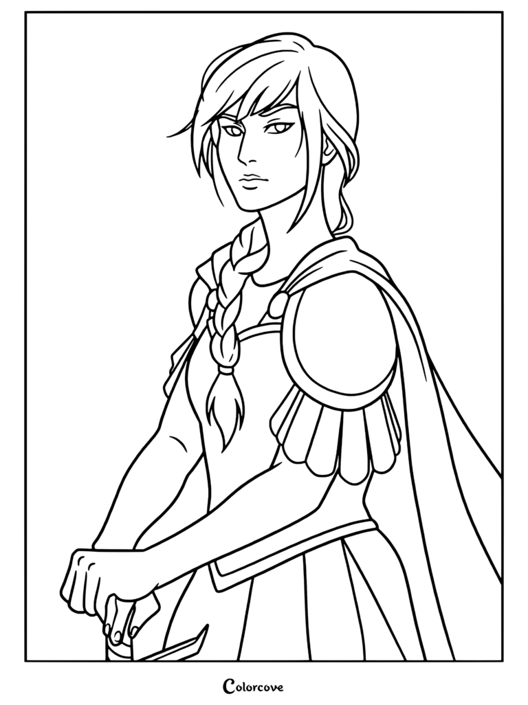 Reyna Avila Ramírez-Arellano wearing Roman armor and a cloak in this printable coloring page
