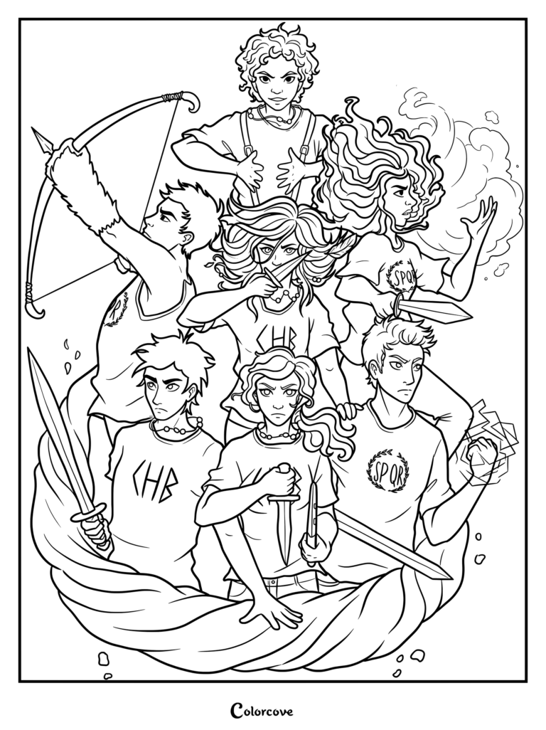Seven demigods from Rick Riordan's Heroes of Olympus series gathered together in an action-packed coloring page