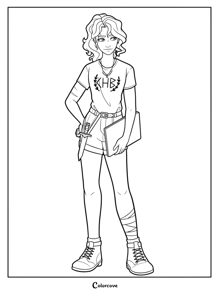 Annabeth Chase holding a book and dagger coloring page