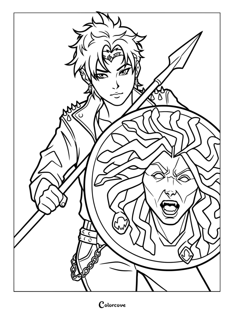 Thalia Grace holding a spear and the Aegis shield with Medusa's face in this printable coloring page