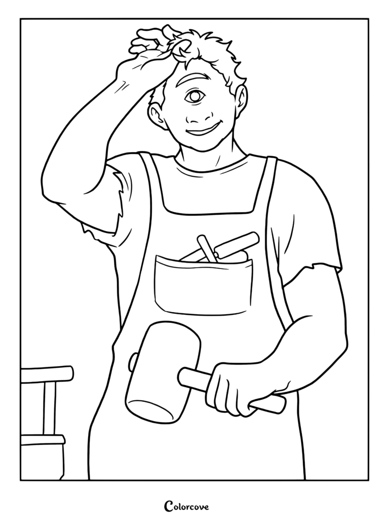 Tyson, son of Poseidon holding a mallet wearing an apron coloring page