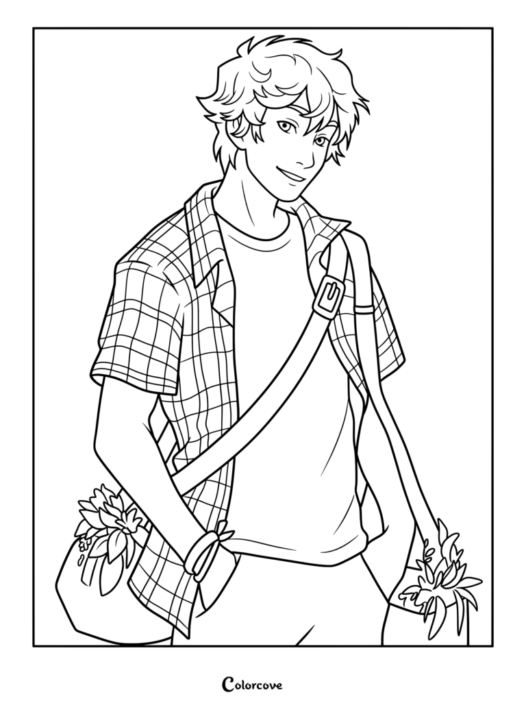 Will Solace from Percy Jackson wearing a plaid shirt and carrying a bag of flowers coloring page