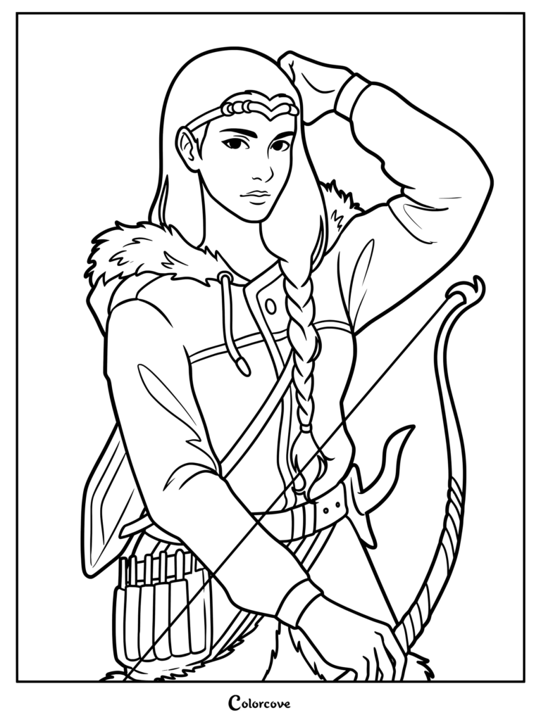 Zoë Nightshade from Rick Riordan's Percy Jackson series holding a bow and wearing a white jacket coloring page