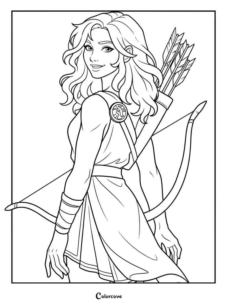 Lyra, daughter of Apollo, holding a bow and arrow in this Percy Jackson coloring page