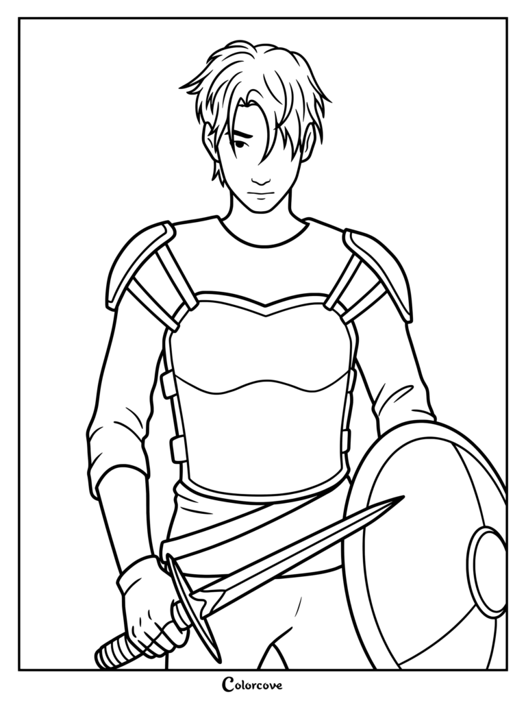 Ethan Nakamura holding a sword and shield in combat armor coloring page