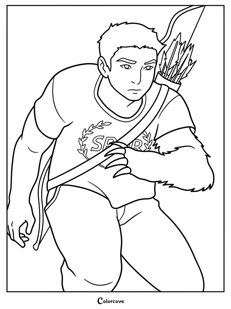 Frank Zhang with a bow and quiver of arrows ready for battle coloring page