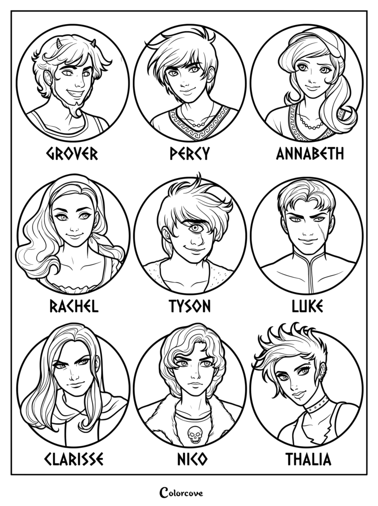 Printable coloring page showing circular portrait busts of Grover, Percy, Annabeth, Rachel, Tyson, Luke, Clarisse, Nico, and Thalia with Greek style font labels