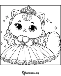 Adorable cat princess coloring page with a cute dress, crown, and sparkling stars background from colorcove.org.