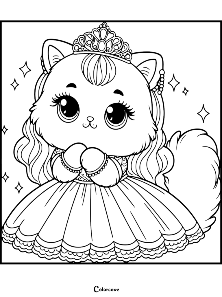 A cute Persian cat wearing a princess tiara and a ruffled ballgown in this free printable coloring page.