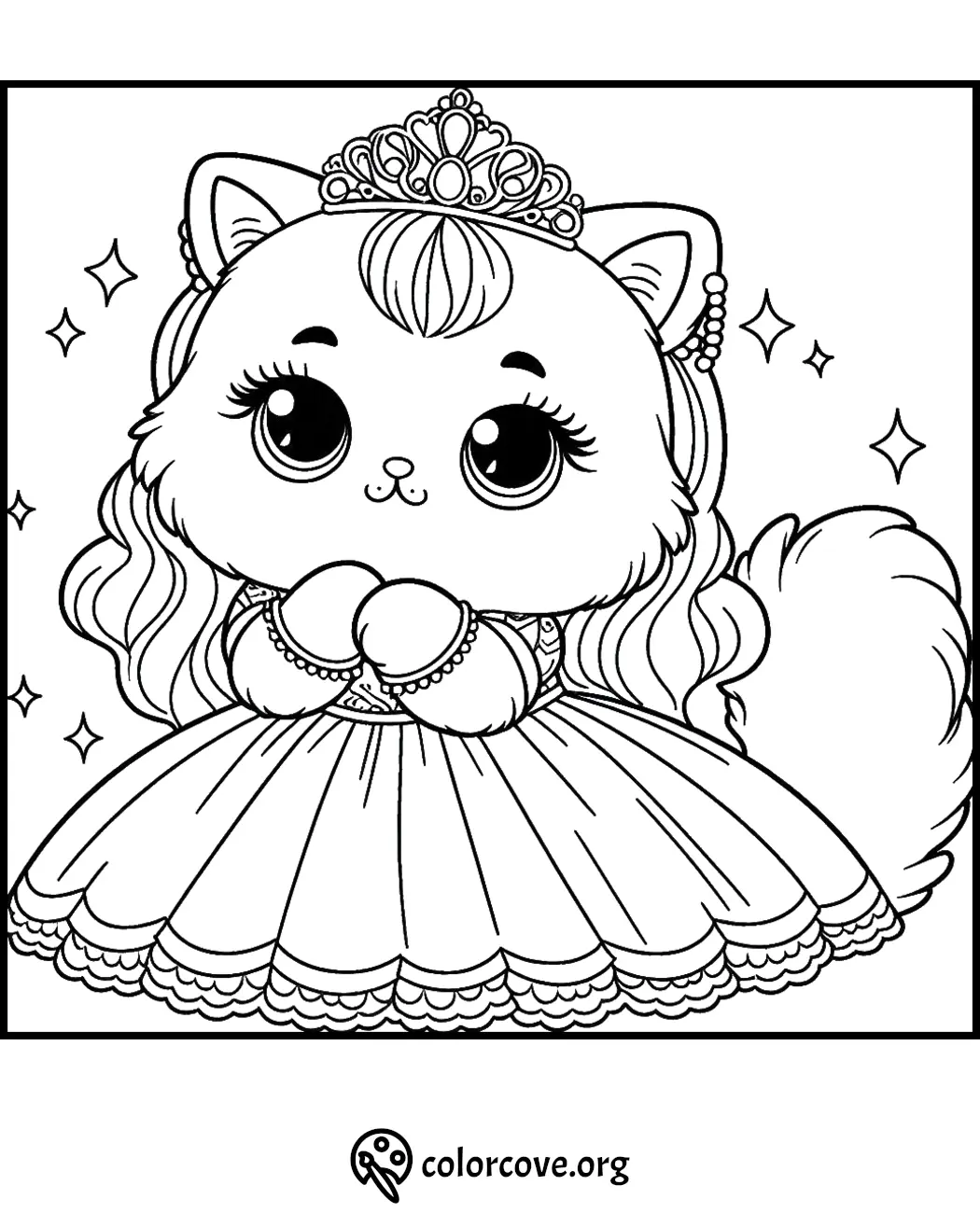 Adorable cat princess coloring page with a cute dress, crown, and sparkling stars background from colorcove.org.