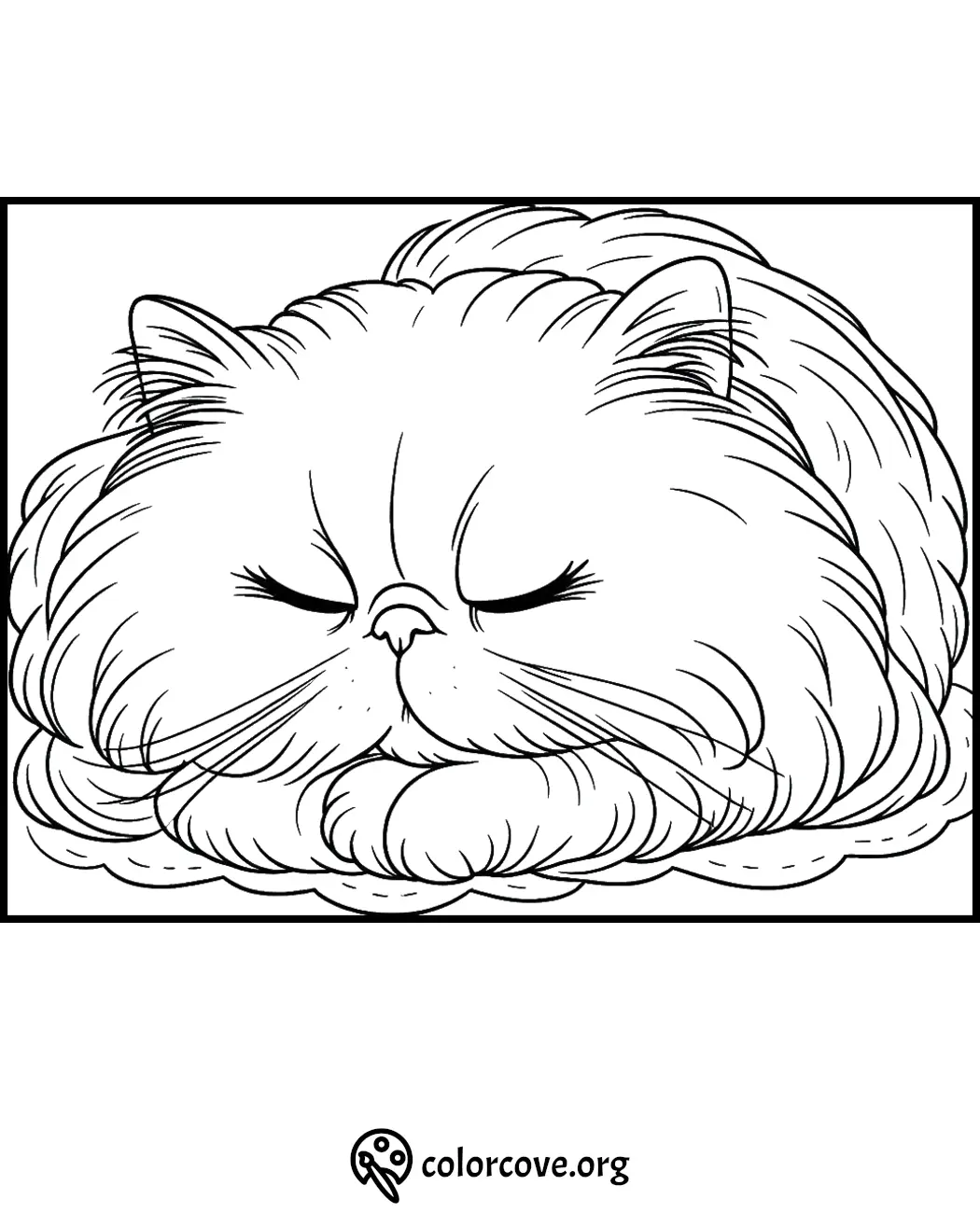 Cute sleeping cat coloring page. Perfect for a stress-relief activity for kids and adults. Free download at colorcove.org.