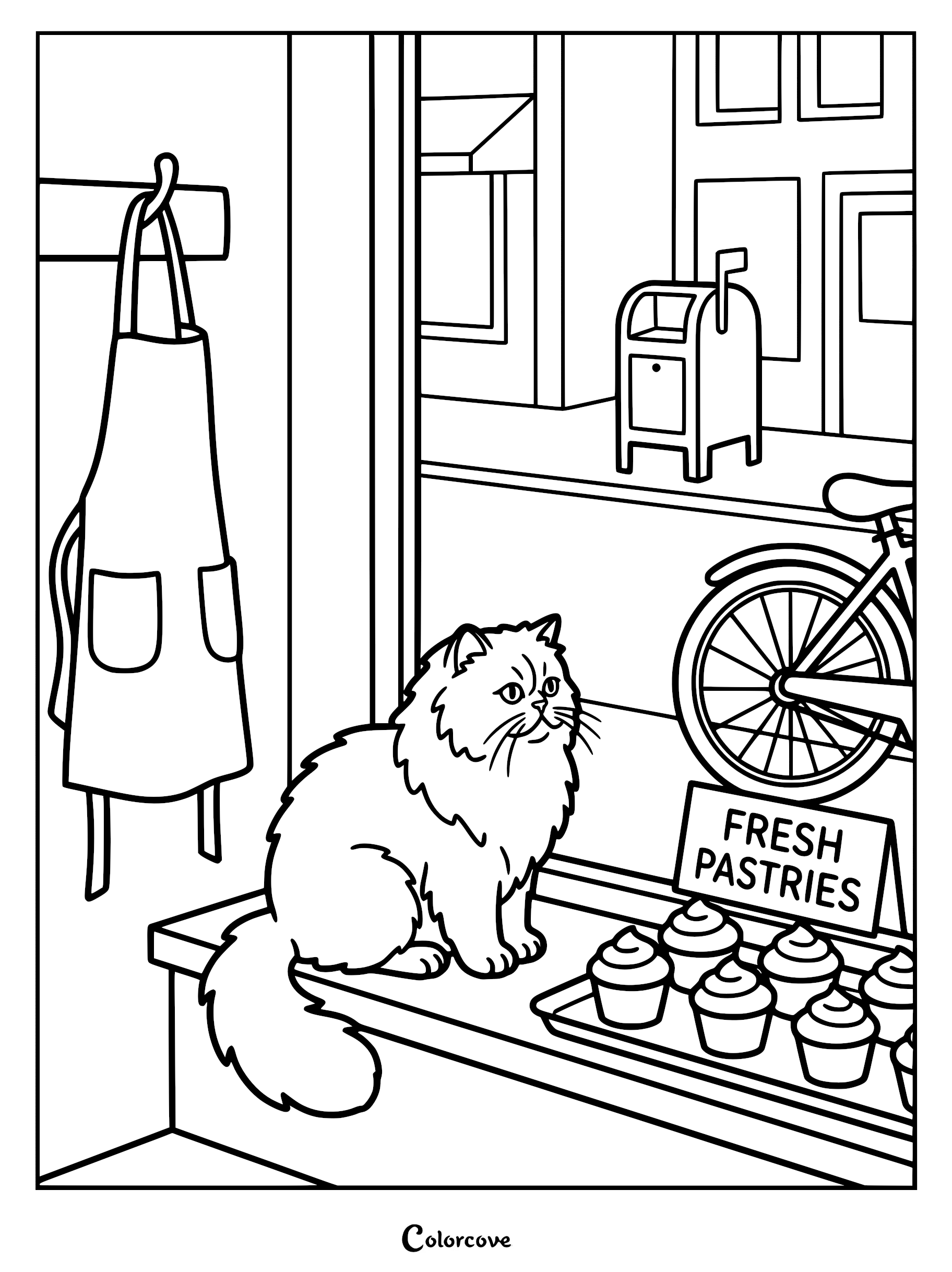 A fluffy Persian cat sitting on a bakery windowsill next to a tray of cupcakes and a Fresh Pastries sign, coloring page style.