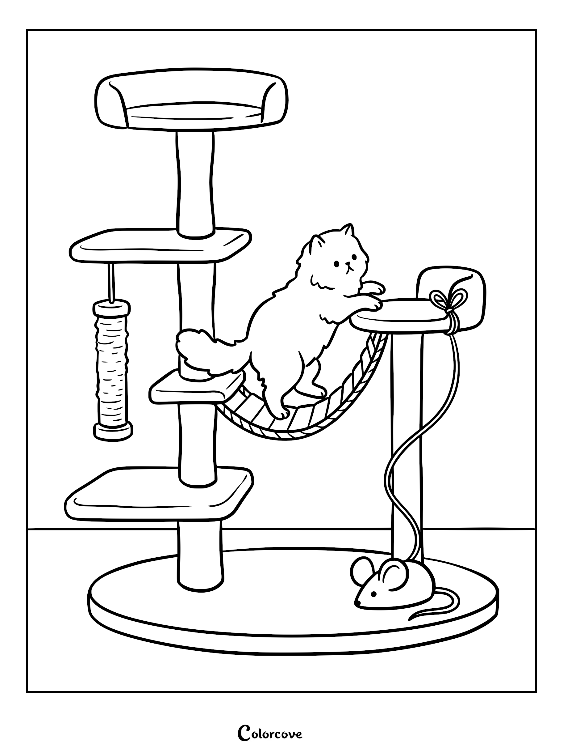 A fluffy Persian cat climbing a multi-level cat tree with a hanging toy mouse on a coloring page.
