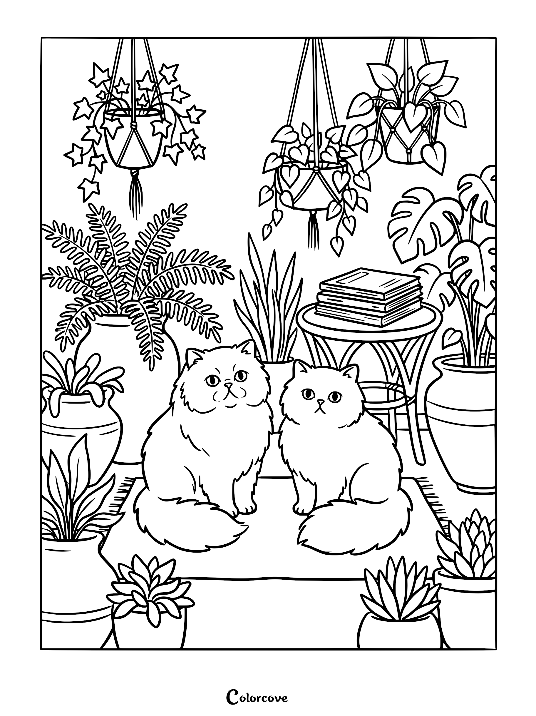 Two fluffy Persian cats sitting on a rug surrounded by potted plants and hanging ivy in a coloring page.