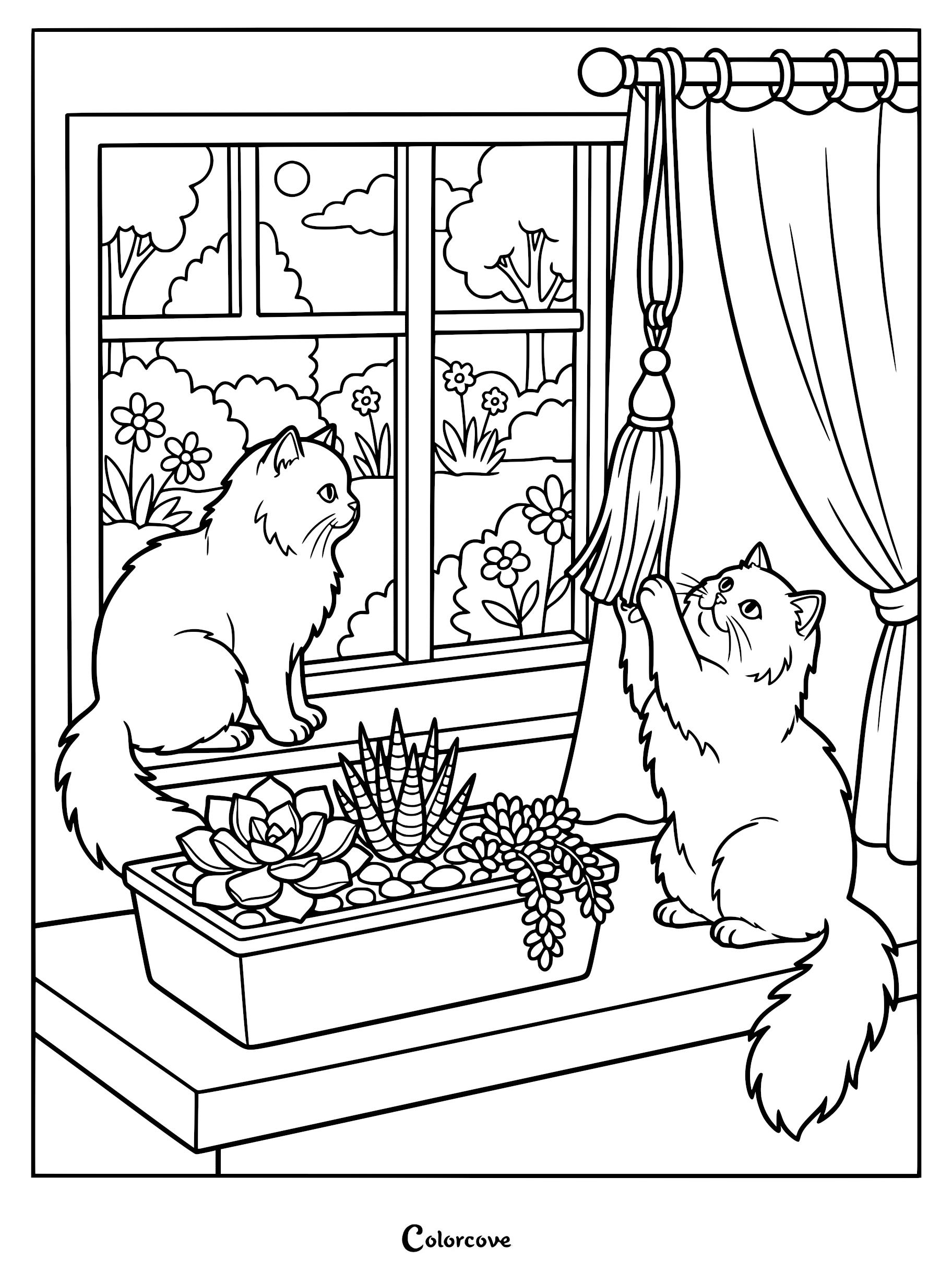 Two fluffy Persian cats on a windowsill with succulents, one sitting and one batting at a curtain tassel, coloring page.
