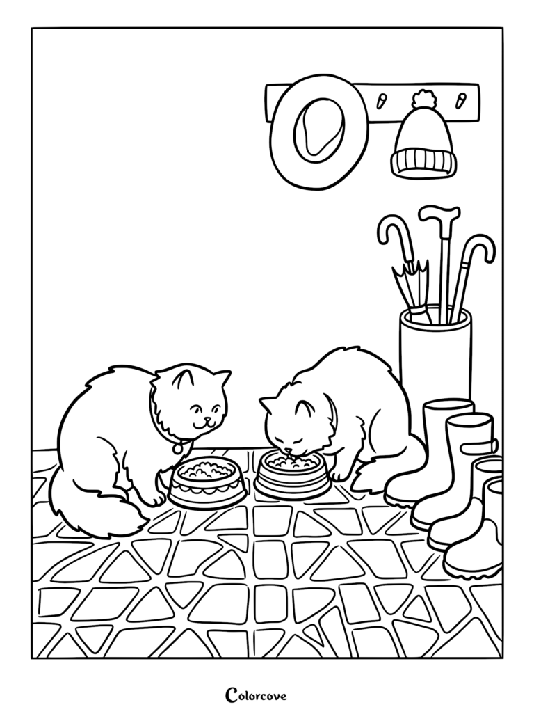 Two fluffy Persian cats eating from bowls on a tiled floor near umbrellas and boots, printable coloring page.