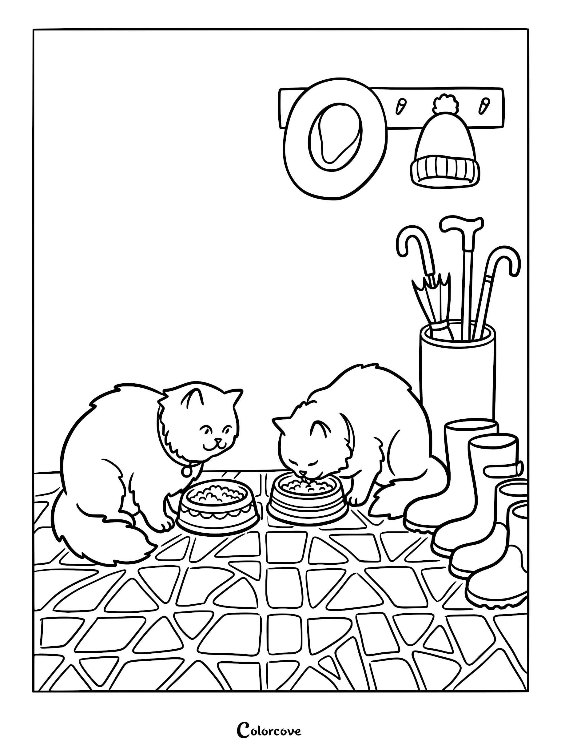 Two fluffy Persian cats eating from bowls on a tiled floor near umbrellas and boots, printable coloring page.