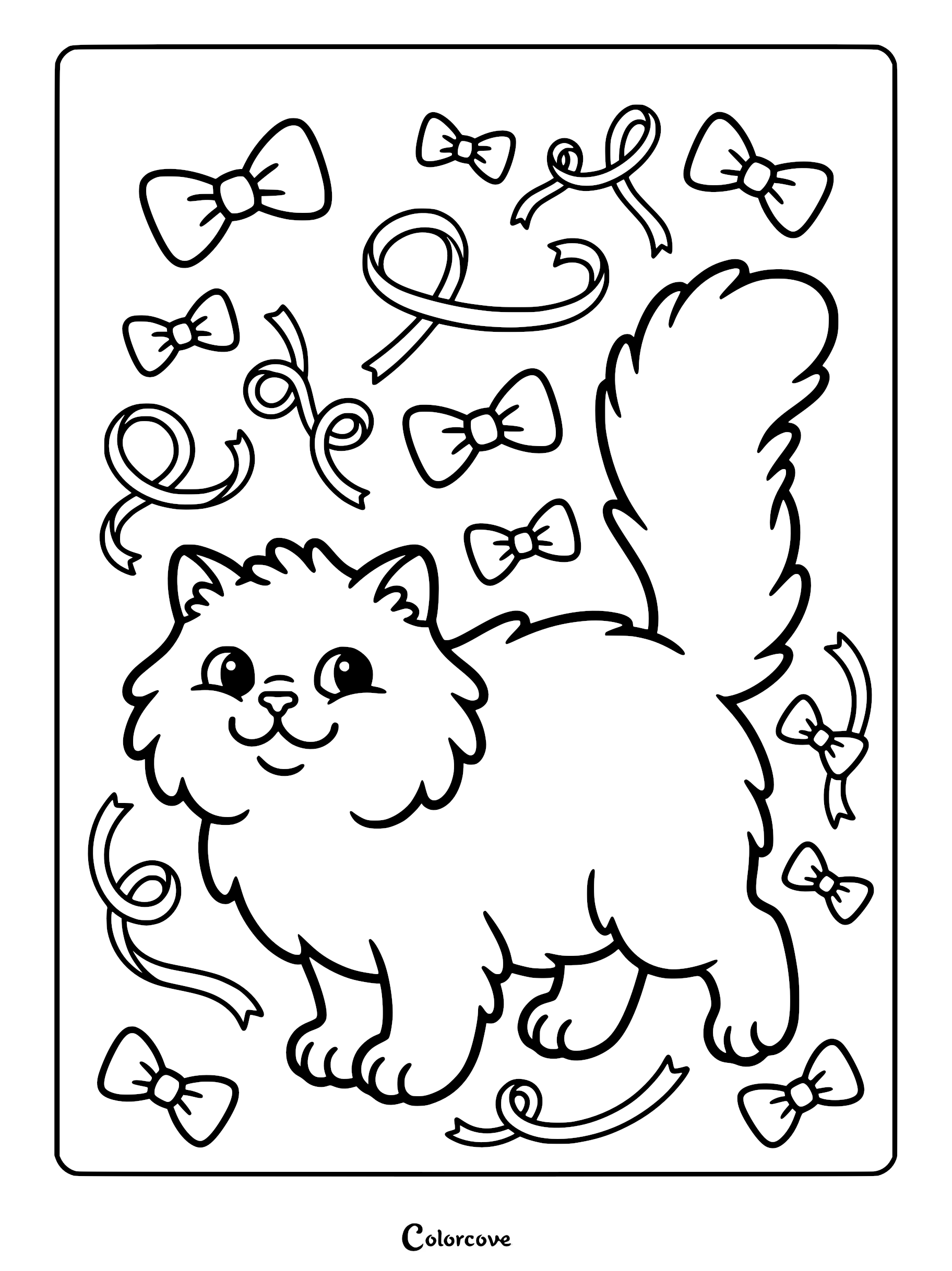 A fluffy Persian cat surrounded by floating bows and ribbons in this printable coloring page.